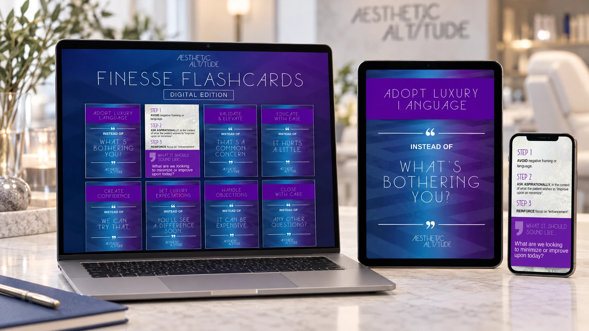 Finesse Flashcards digital PDF displayed on a laptop, tablet, and phone. Virtual deck only.
